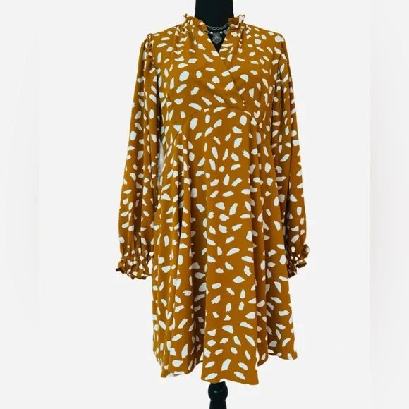 UMGEE ~ Muted Orange/Rust and White Loose Fit Ruffled Collar Patterned Dress - Picture 7 of 9